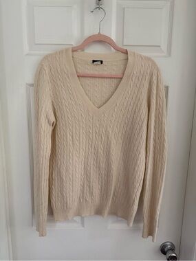 J. Crew Vintage Cream Cable-Knit V-Neck Wool Blend Sweater